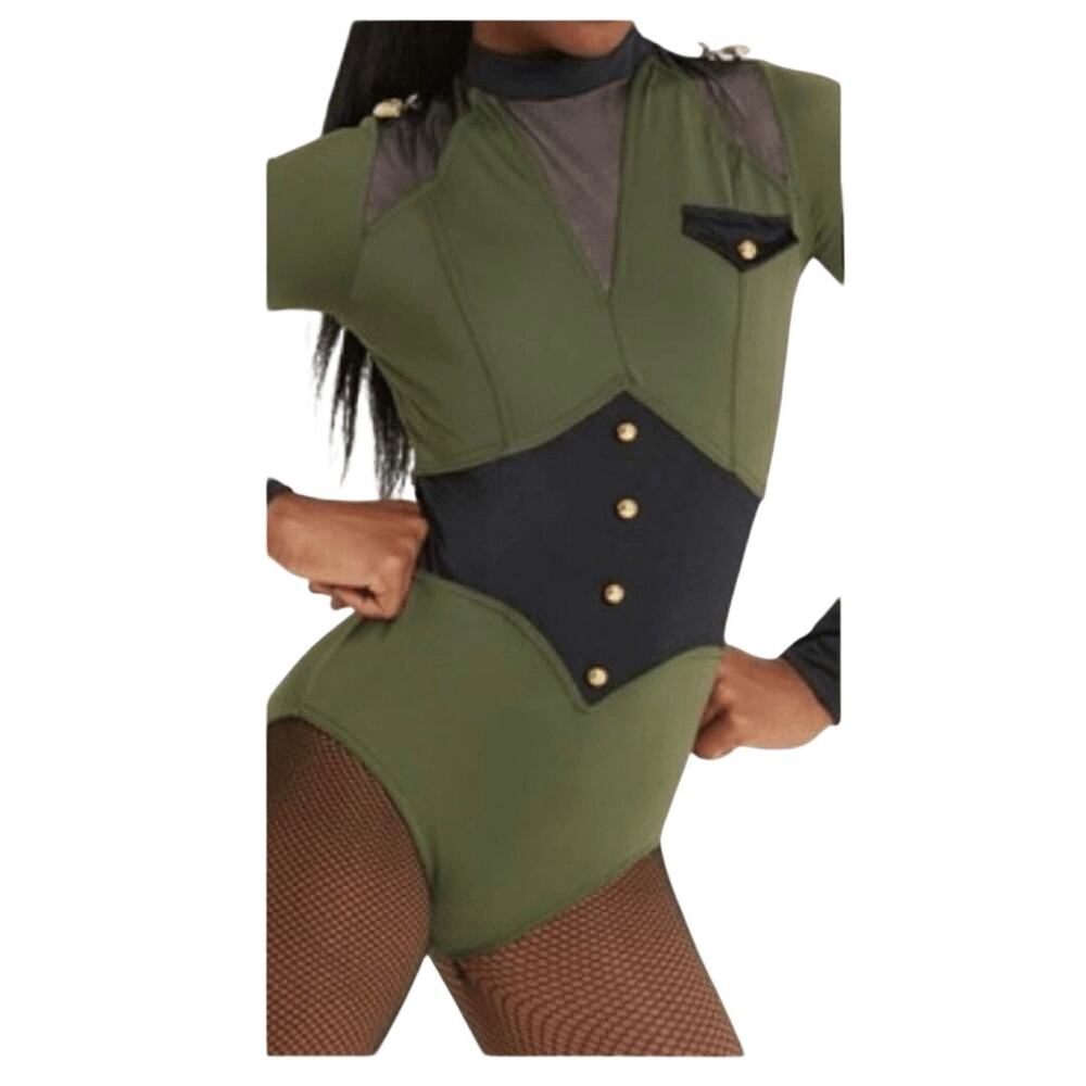 Military Style Bodysuit  Dance Leotard Black Army Green Gold Lined Sheer Women S